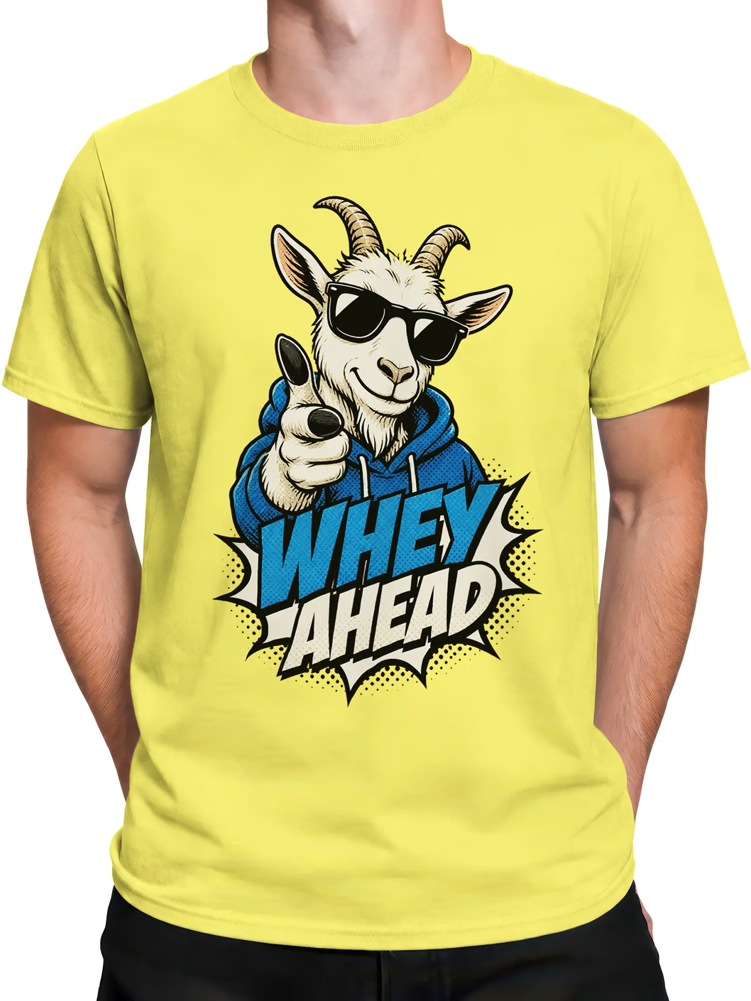 Male torso wearing a yellow T-shirt with a funny sunglasses goat and “WHEY AHEAD” graphic