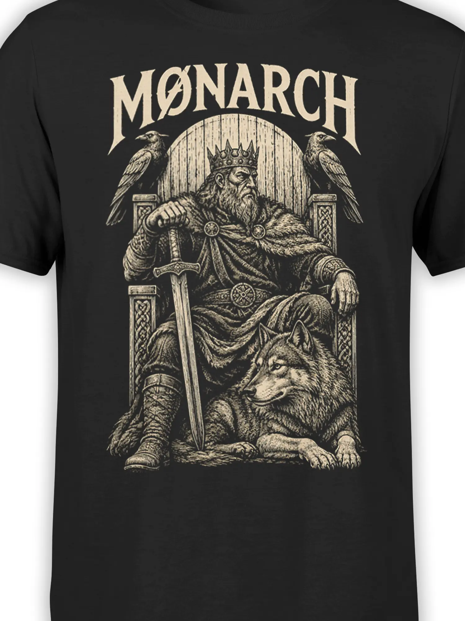 Close-up of crowned medieval king and wolf artwork on black graphic T-shirt