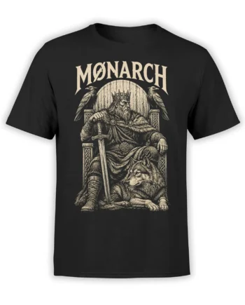 Black T-shirt with crowned medieval monarch, wolf, ravens, sword, and MONARCH vintage graphic