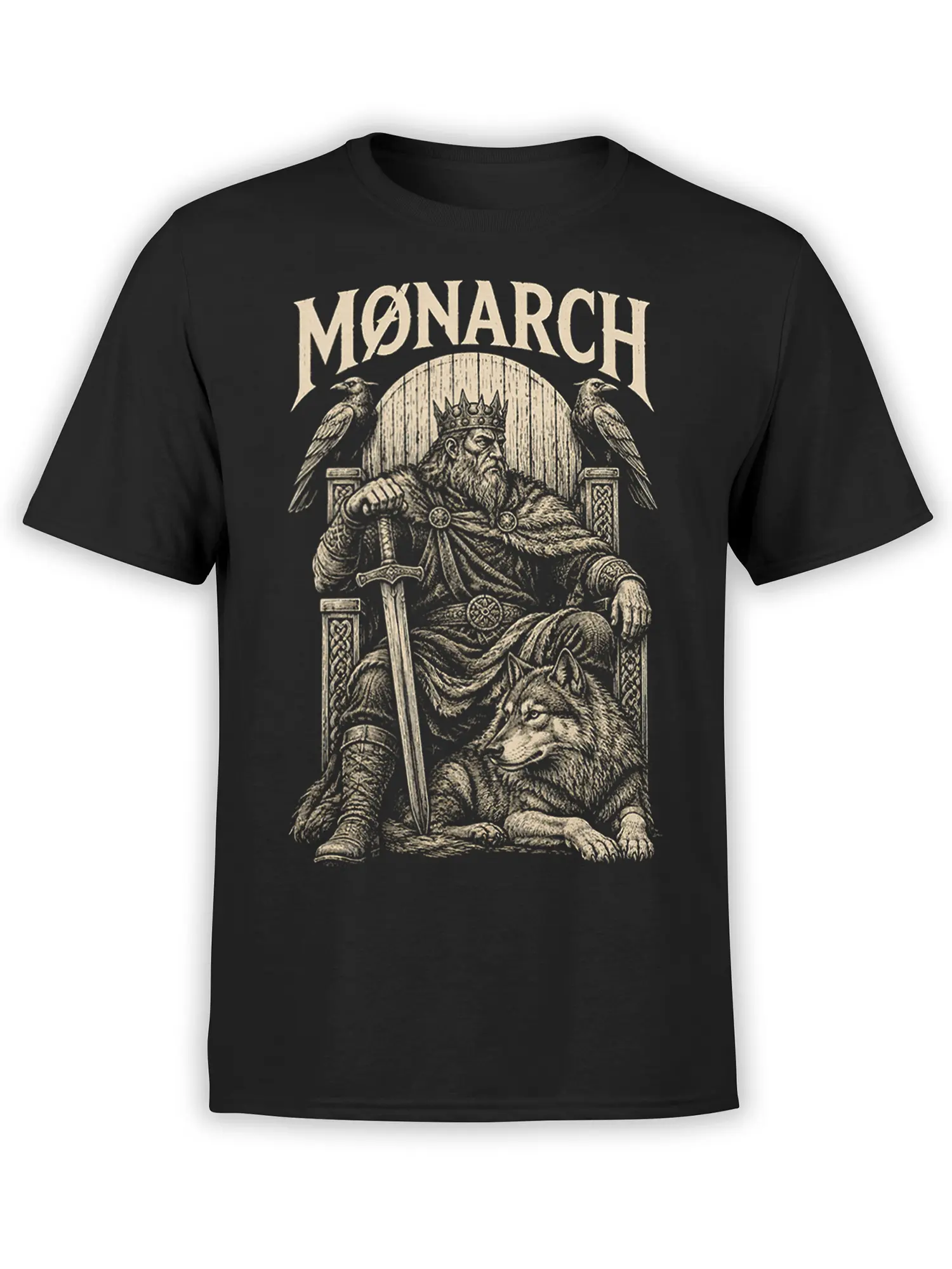 Black T-shirt with crowned medieval monarch, wolf, ravens, sword, and MONARCH vintage graphic