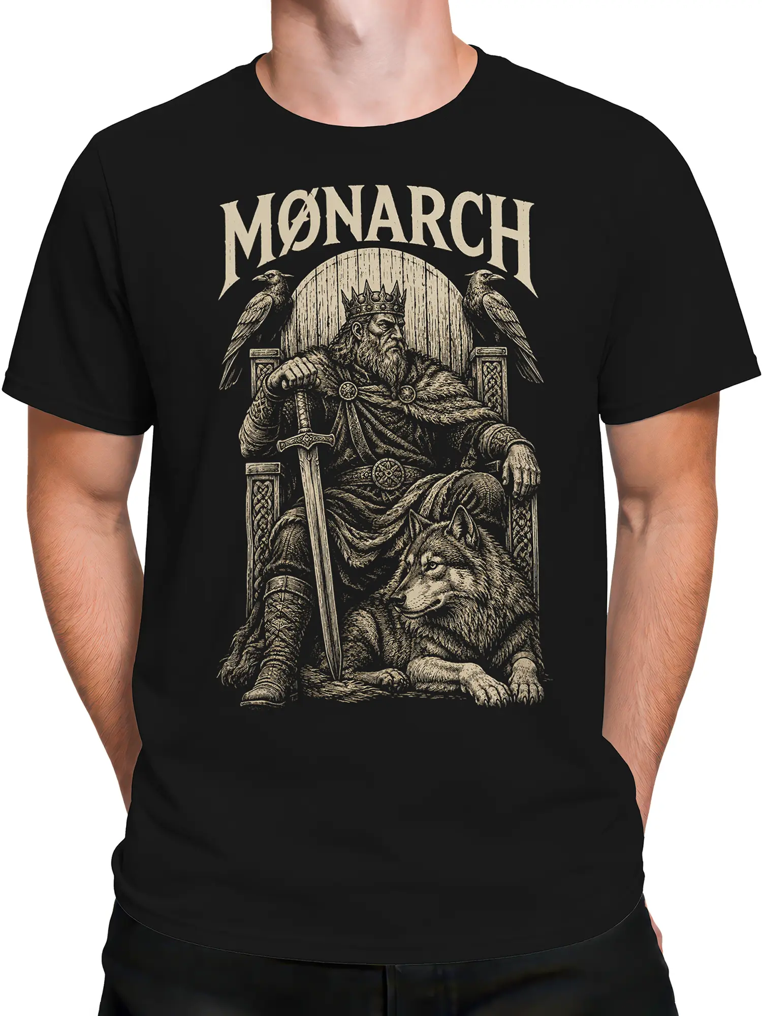 Male torso wearing black medieval king T-shirt with wolf and raven artwork