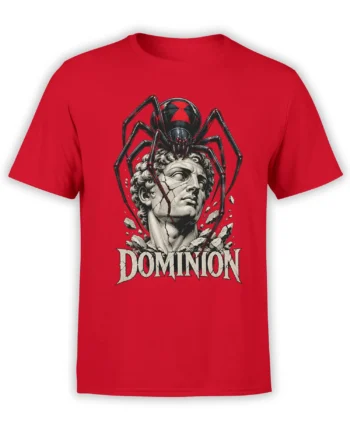 Red spider T-shirt with a black webbed spider, cracked classical statue, and bold DOMINION lettering