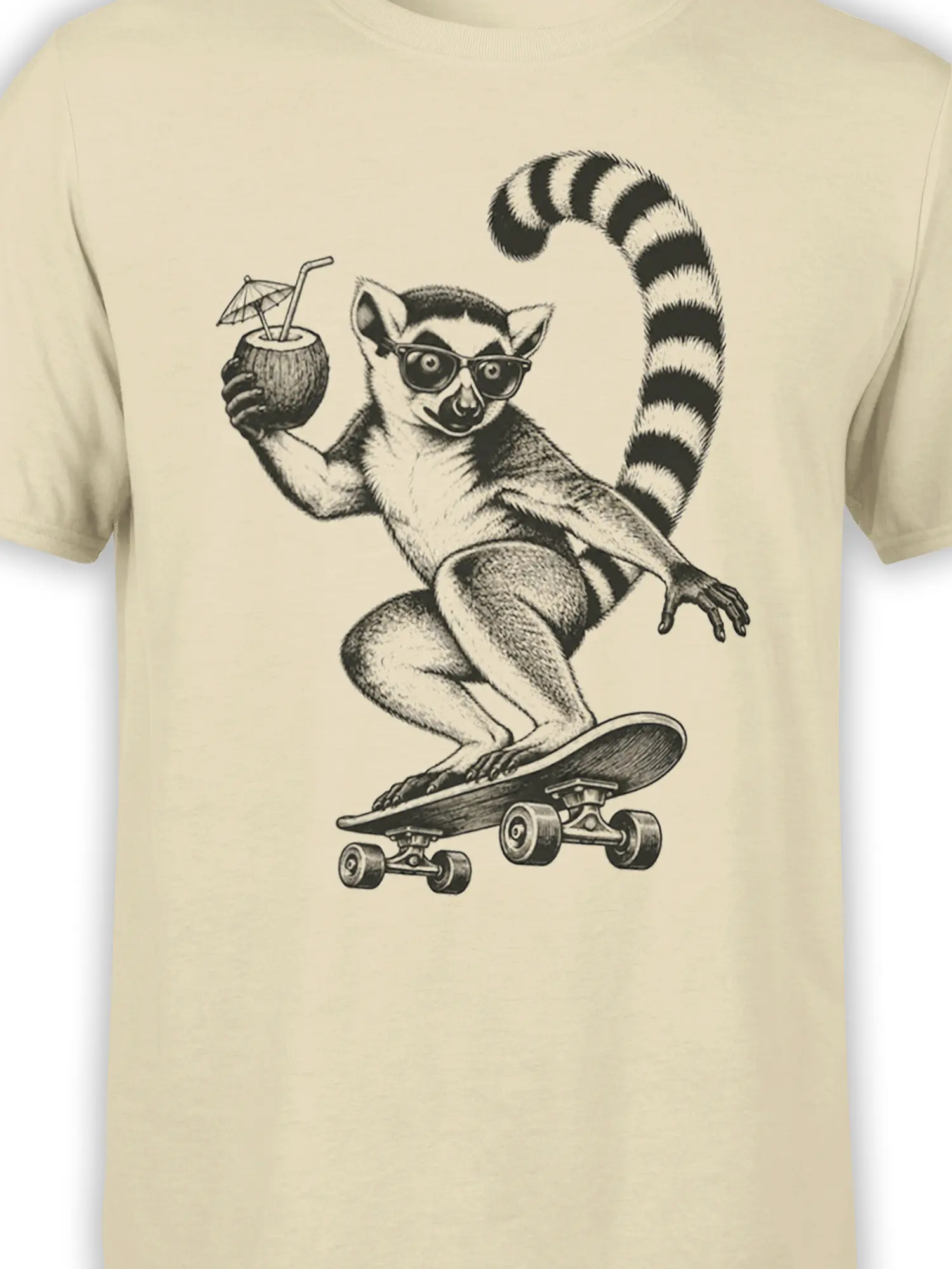Close-up of a sunglasses-wearing lemur with a tropical drink and striped tail on a beige T-shirt