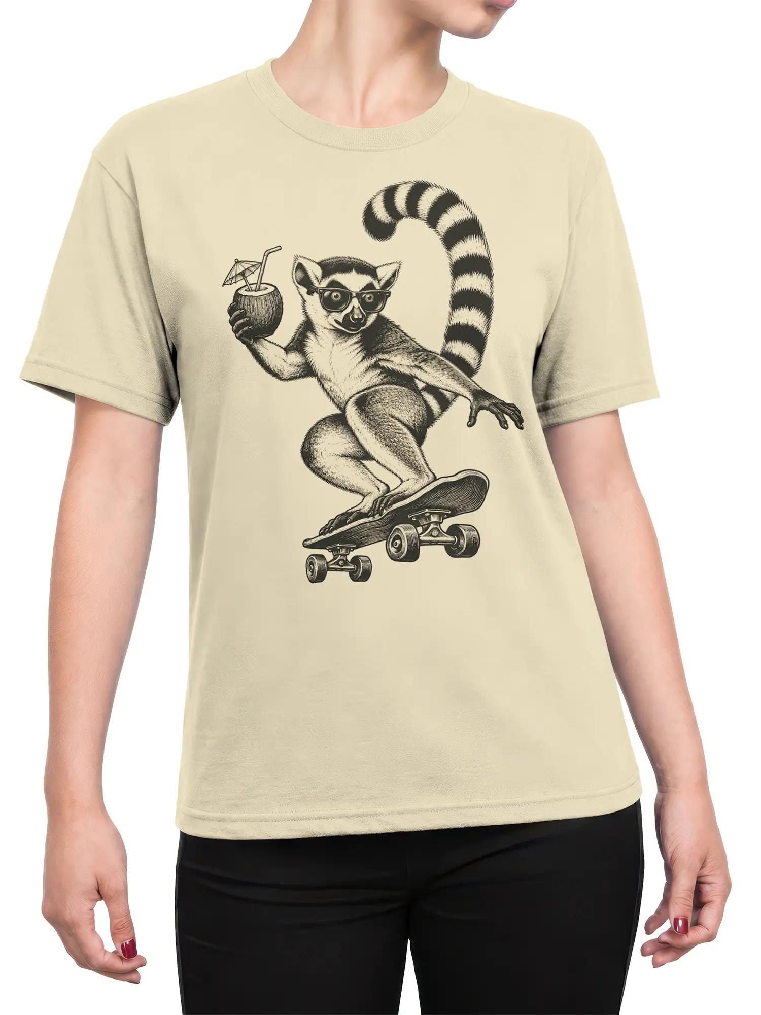 Female torso wearing a beige T-shirt with a vintage lemur skateboard graphic
