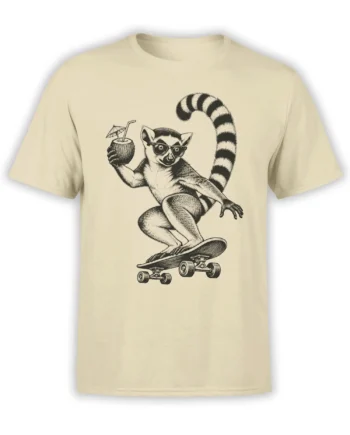 Vintage lemur wearing sunglasses and riding a skateboard on a beige graphic T-shirt
