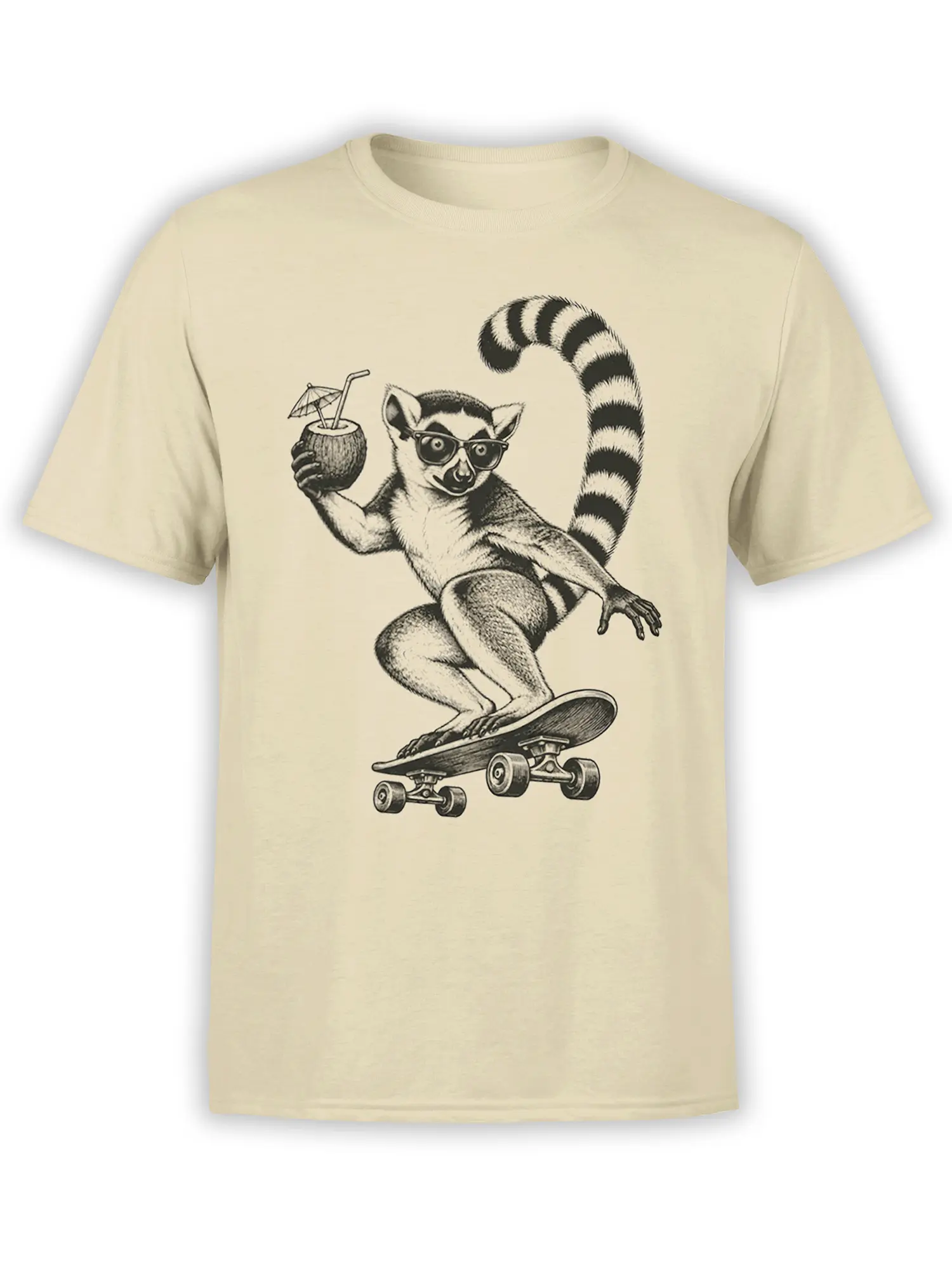 Vintage lemur wearing sunglasses and riding a skateboard on a beige graphic T-shirt