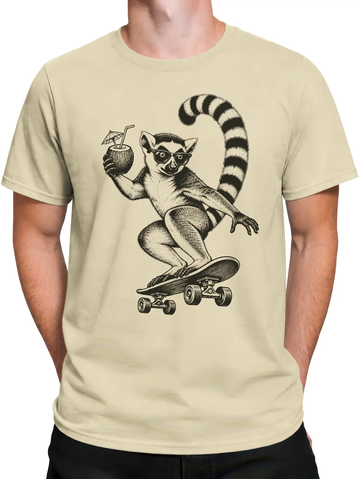 Male torso wearing a beige T-shirt with a vintage lemur skateboard design