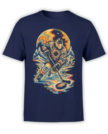 Helmeted astronaut playing hockey beneath swirling stars and mountains on a navy graphic T-shirt