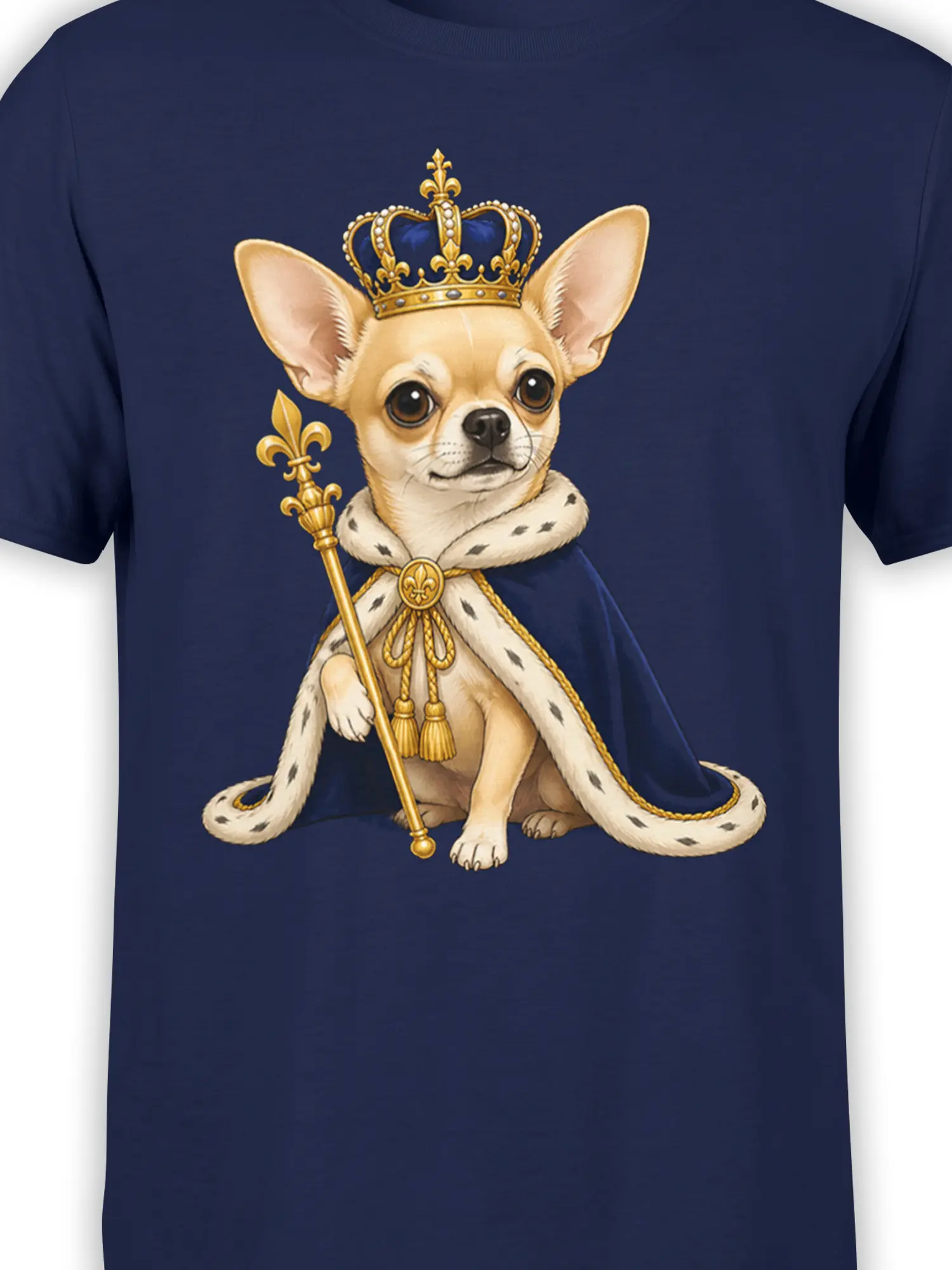 Close-up of crowned chihuahua artwork with royal cape and golden scepter on navy fabric