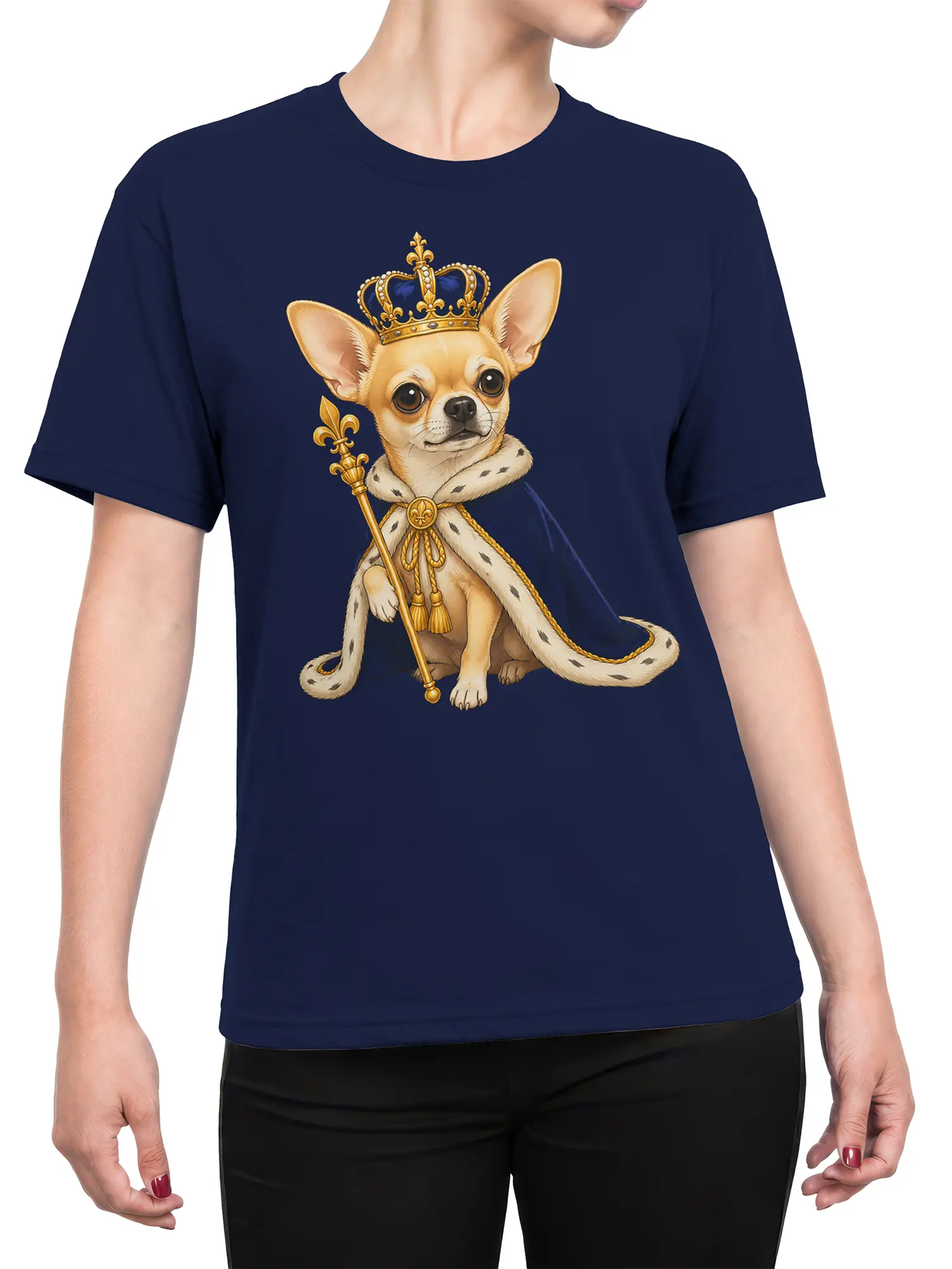 Female torso wearing a navy shirt with a crowned chihuahua and royal scepter design