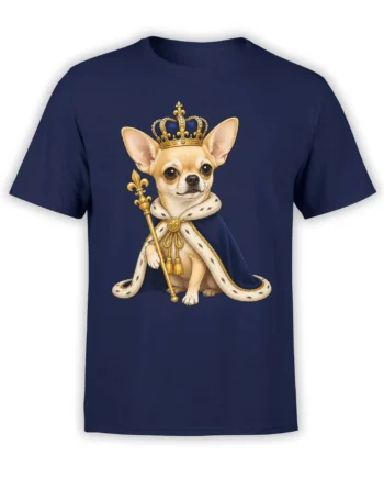 Royal chihuahua dog wearing a crown, cape, and holding a golden scepter on a navy shirt