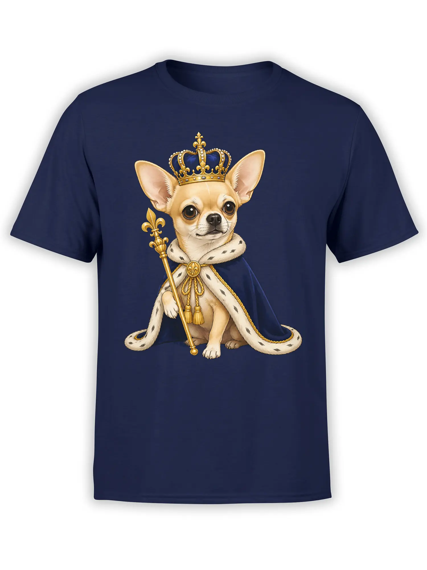 Royal chihuahua dog wearing a crown, cape, and holding a golden scepter on a navy shirt