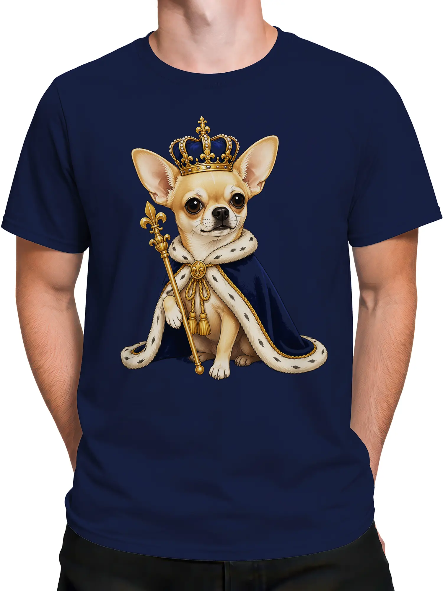 Male torso wearing a navy shirt with a royal crowned chihuahua graphic