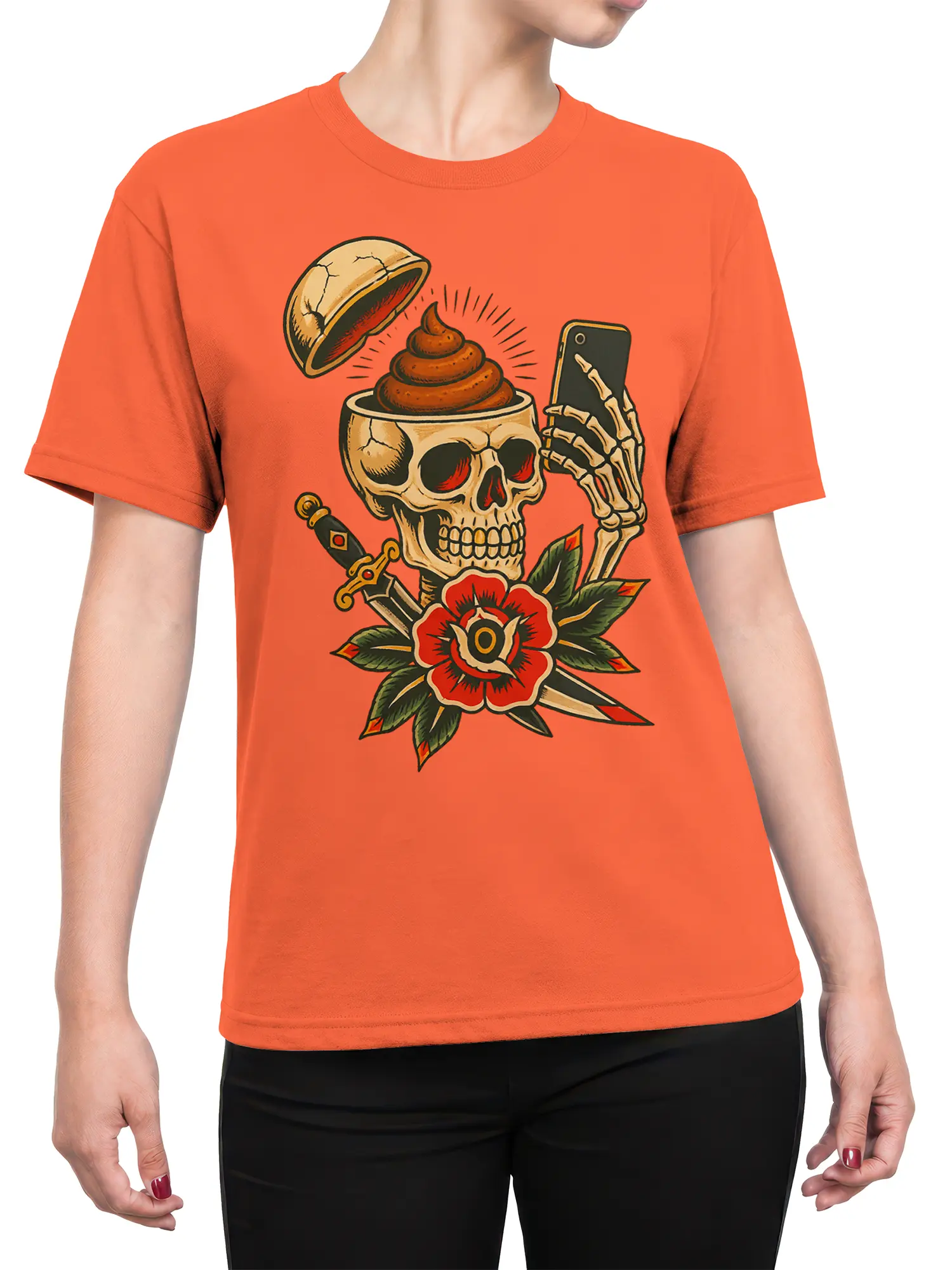Female torso wearing an orange skeleton T-shirt with skull, smartphone, cracked cup, red flower, and crossed blades
