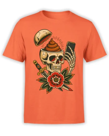 Orange T-shirt with a funny skeleton skull, smartphone, cracked cup, red flower, and crossed blades
