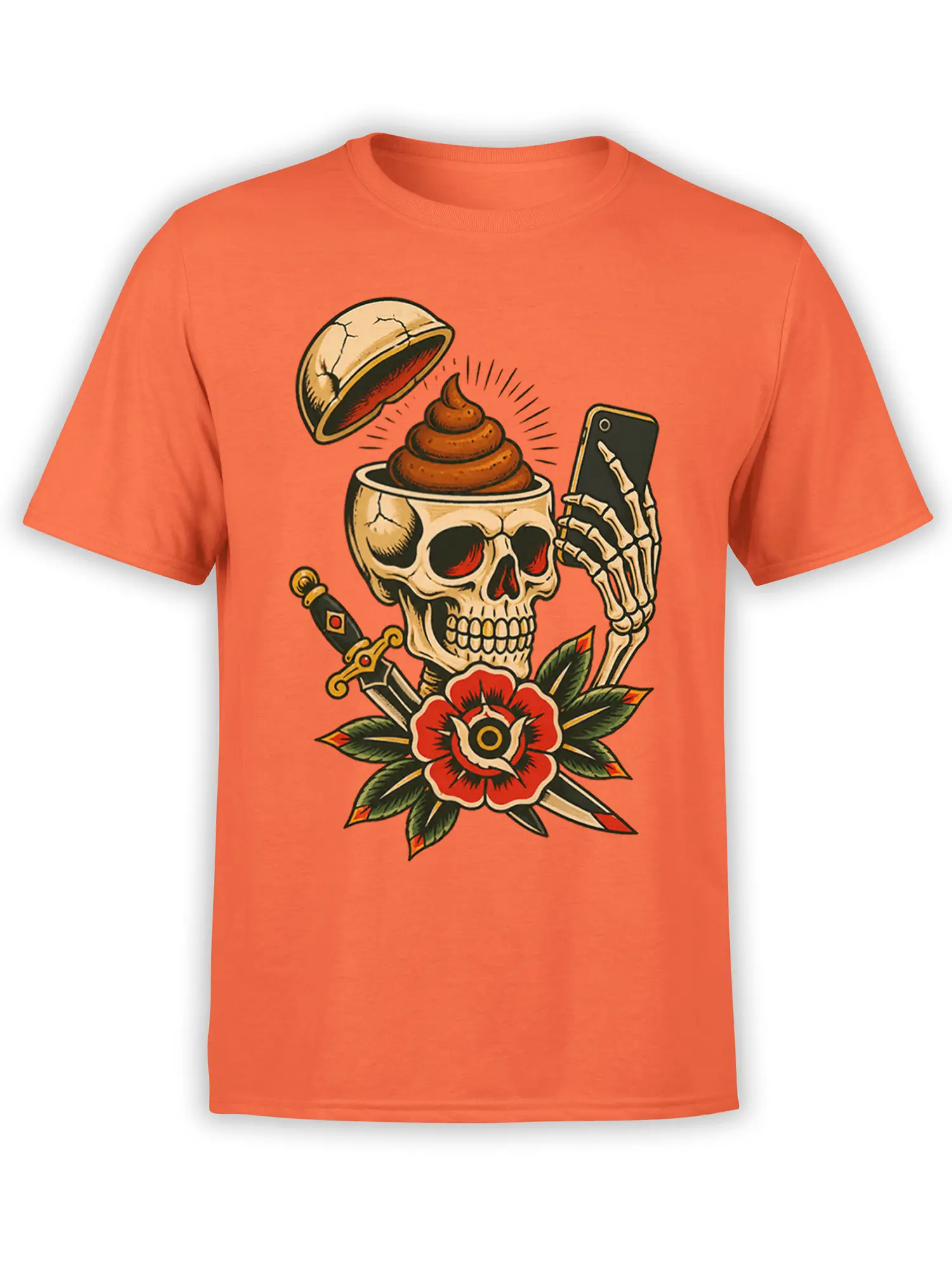Orange T-shirt with a funny skeleton skull, smartphone, cracked cup, red flower, and crossed blades