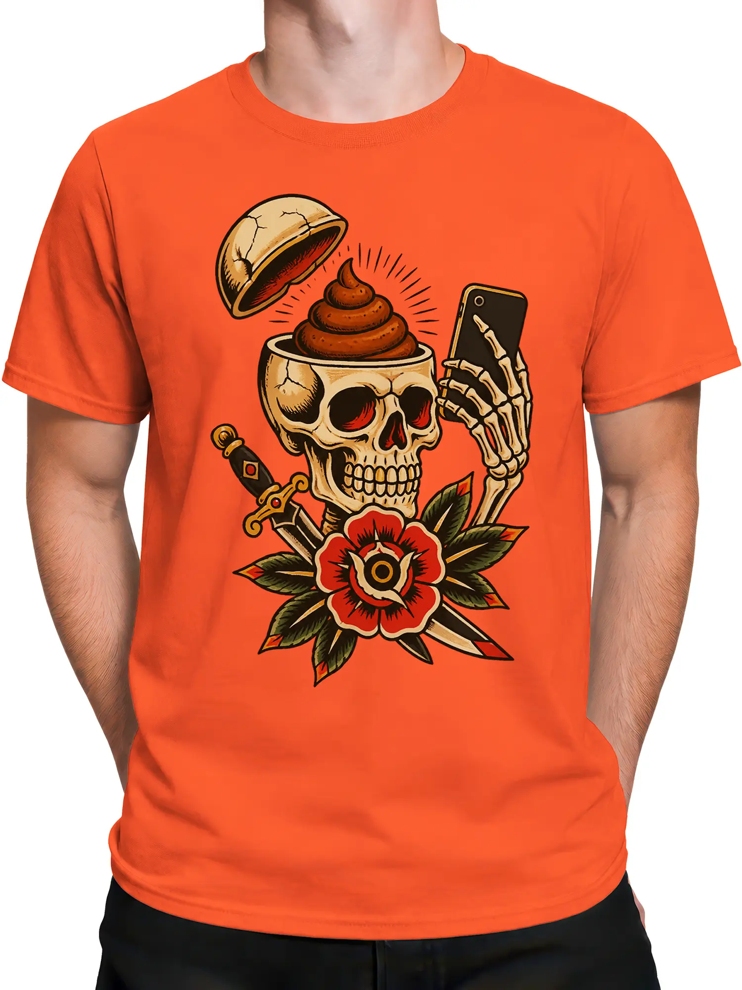 Male torso wearing an orange funny skeleton T-shirt with skull, smartphone, cracked cup, flower, and blades