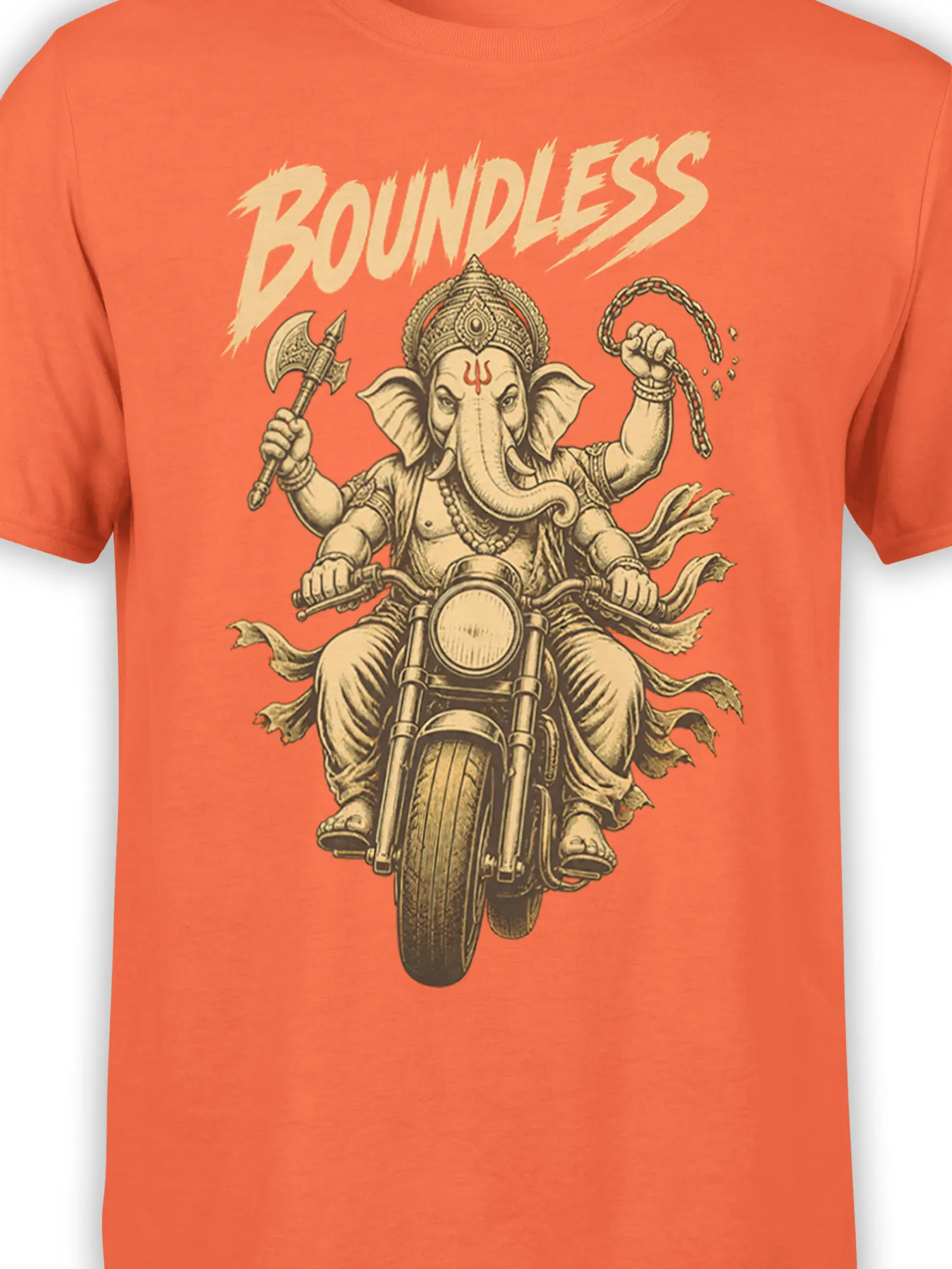 Close-up of the Ganesha motorcycle graphic and vintage BOUNDLESS lettering on an orange shirt