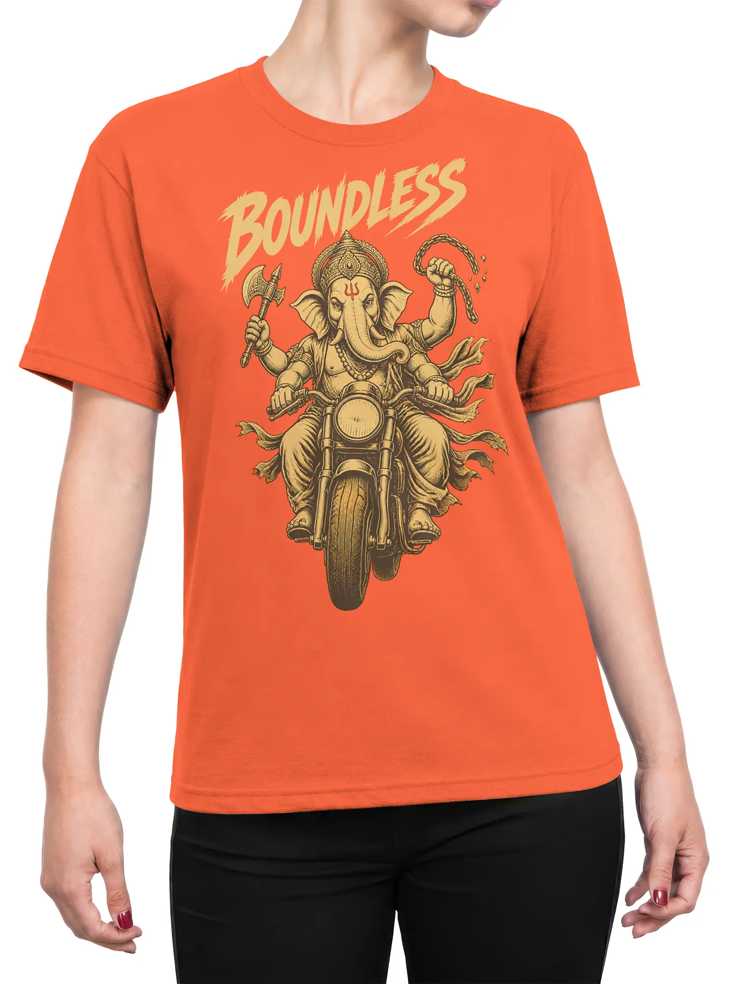 Female torso wearing an orange Ganesha motorcycle T-shirt with a bold vintage graphic and BOUNDLESS text
