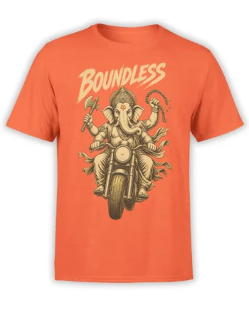 Ganesha riding a motorcycle on an orange shirt with bold BOUNDLESS lettering above