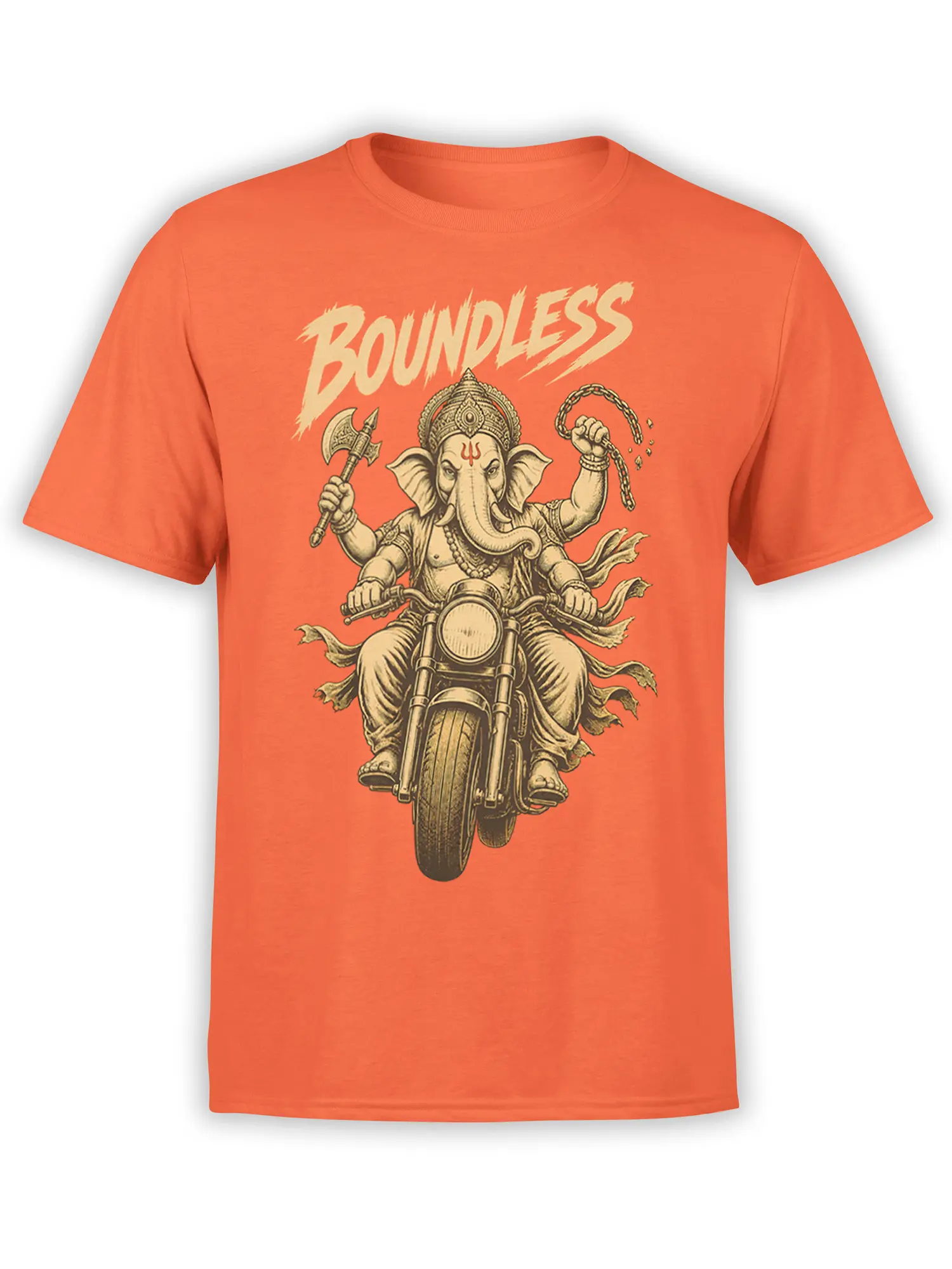 Ganesha riding a motorcycle on an orange shirt with bold BOUNDLESS lettering above