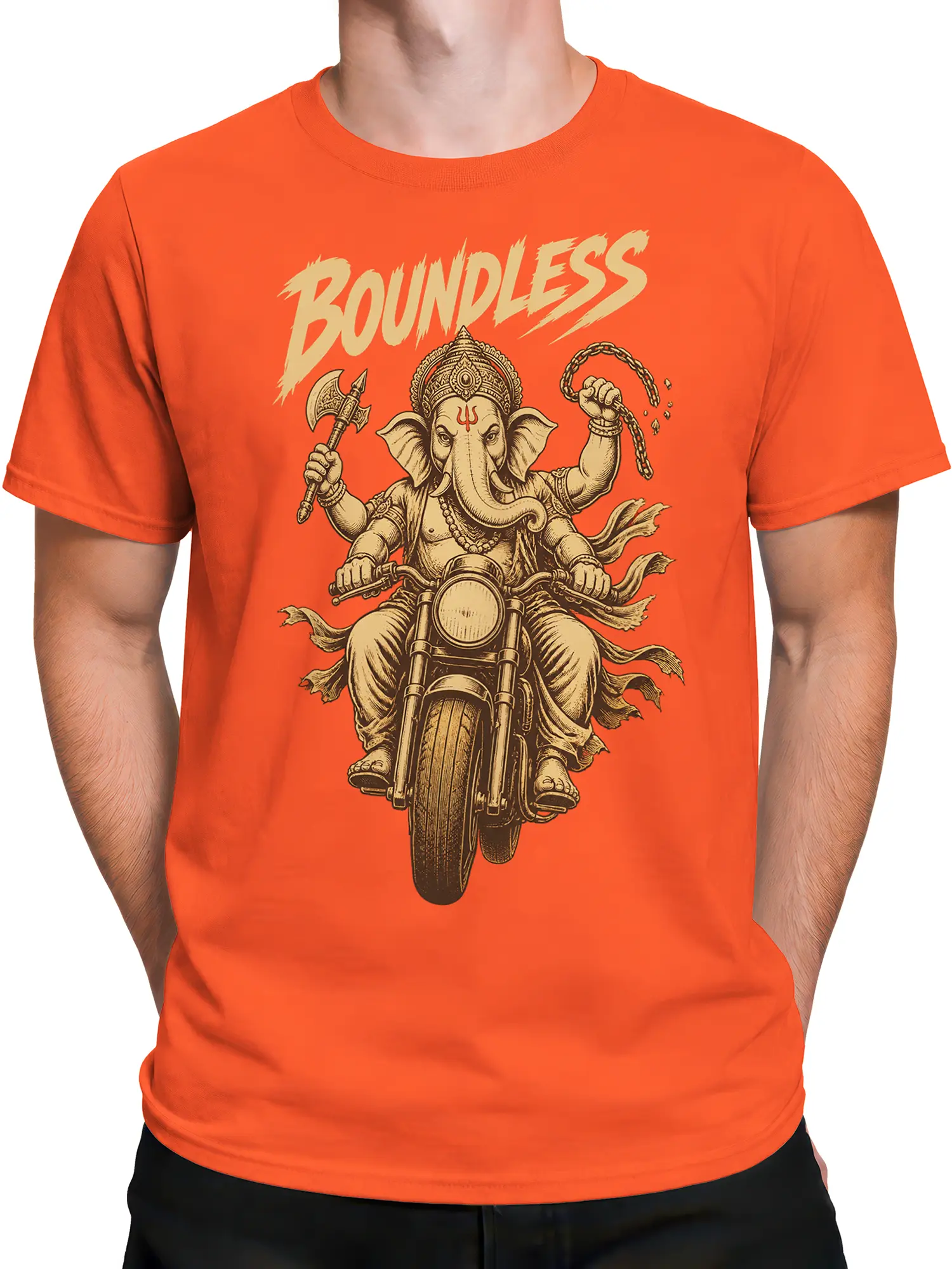 Male torso wearing an orange Ganesha motorcycle T-shirt with detailed vintage artwork and BOUNDLESS text
