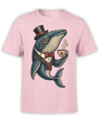 Pink whale graphic tee showing a dapper whale in a top hat, monocle, bow tie, and formal jacket with tea