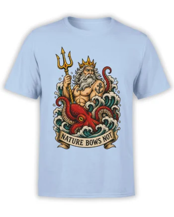 Poseidon and a red octopus rise through ocean waves on a light blue mythology T-shirt