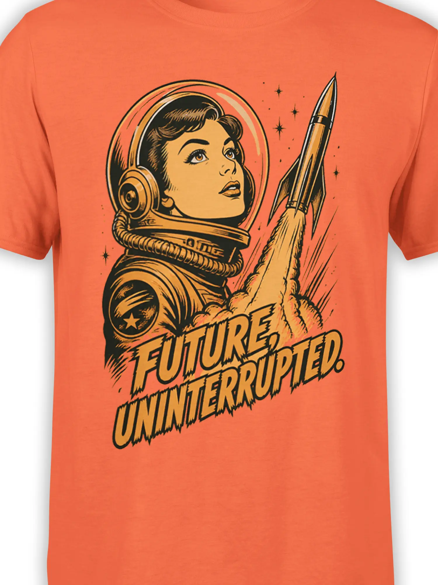 Close-up of orange astronaut shirt graphic with female space helmet, stars, rocket imagery, and bold vintage lettering