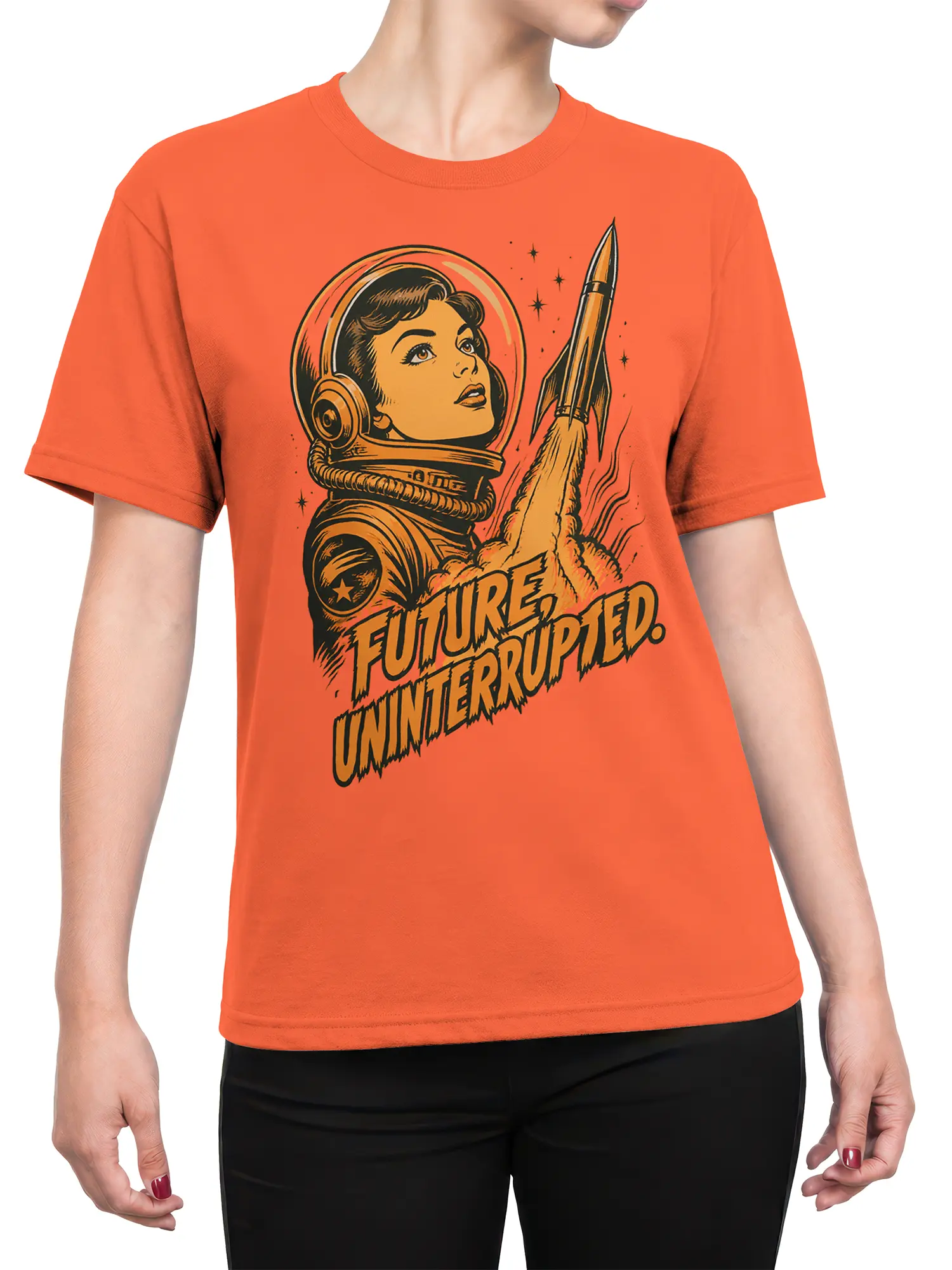 Female torso wearing an orange astronaut T-shirt with retro space artwork and Future Uninterrupted lettering