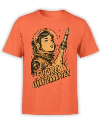 Orange astronaut T-shirt with retro female space explorer, rocket imagery, stars, and Future Uninterrupted lettering