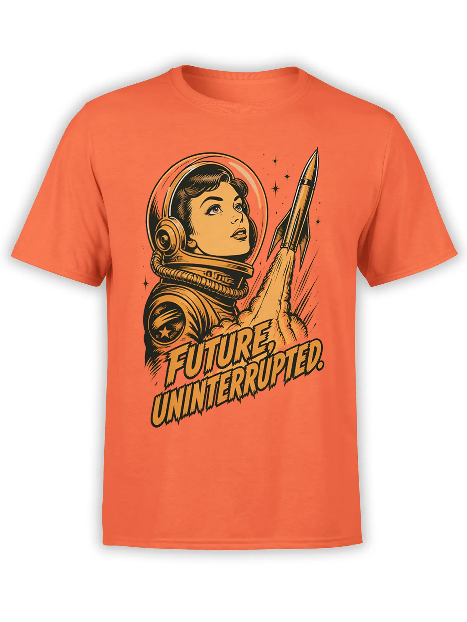 Orange astronaut T-shirt with retro female space explorer, rocket imagery, stars, and Future Uninterrupted lettering
