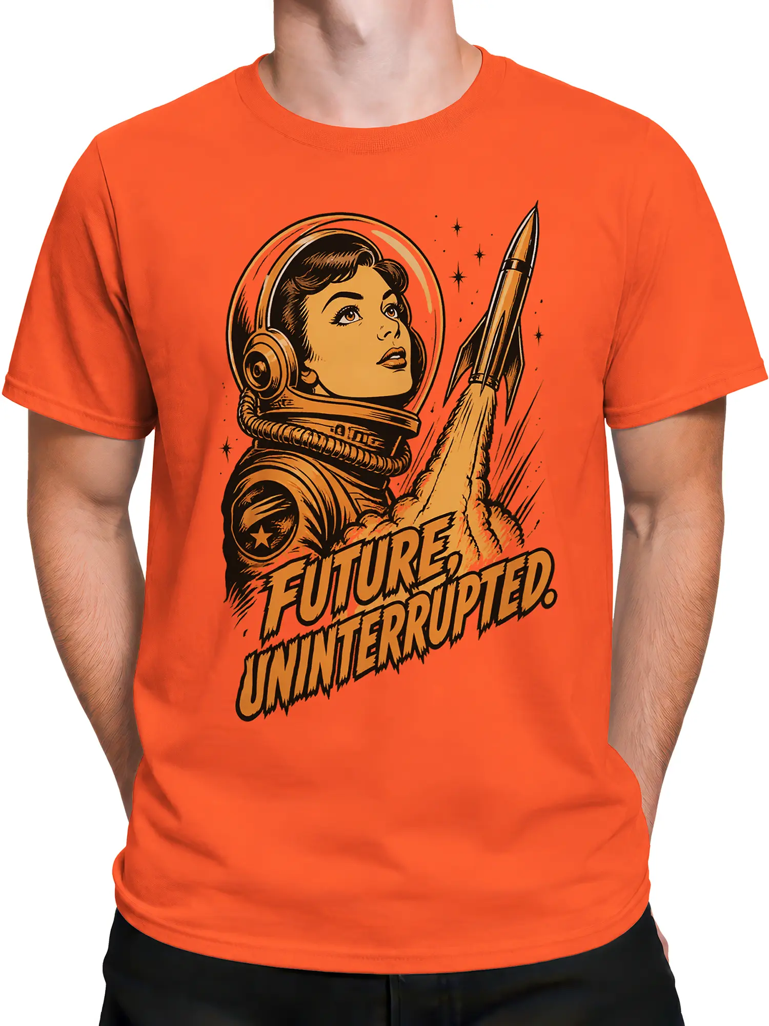 Male torso wearing an orange retro astronaut T-shirt with rocket artwork and bold Future Uninterrupted text