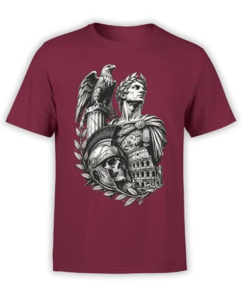 Burgundy T-shirt with Roman warrior, eagle, skull helmet, laurel leaves, and ancient arena artwork
