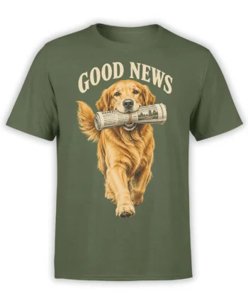 Green T-shirt featuring a golden retriever holding a newspaper beneath large GOOD NEWS lettering