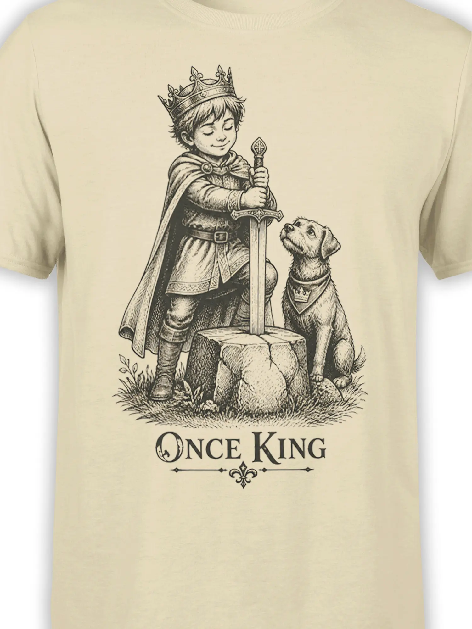 Close-up of the vintage crowned king and loyal dog design printed on a beige fantasy graphic tee