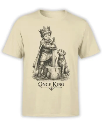 Beige dog graphic tee showing a crowned young king with a sword and loyal dog beneath “Once King” text