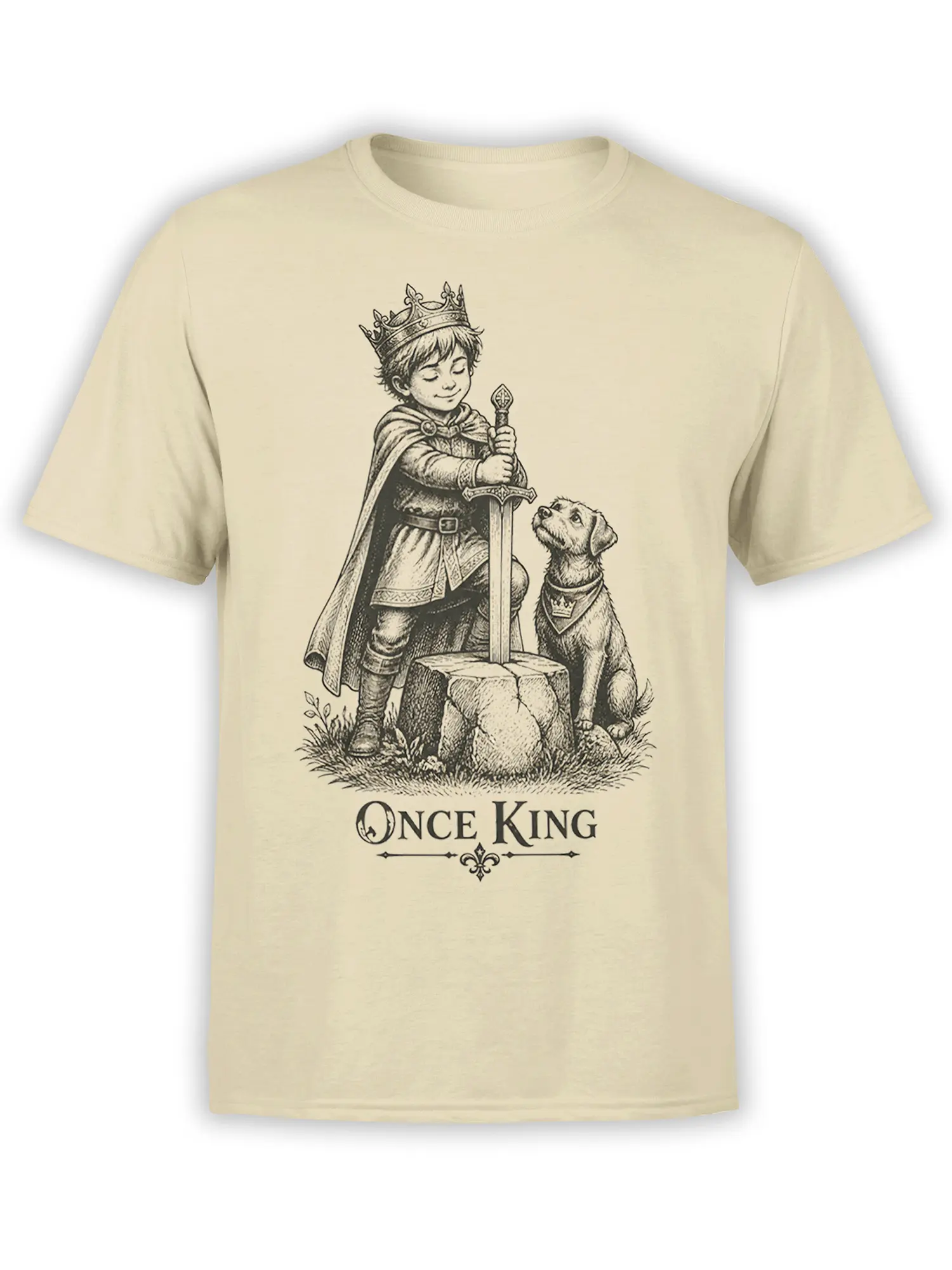 Beige dog graphic tee showing a crowned young king with a sword and loyal dog beneath “Once King” text