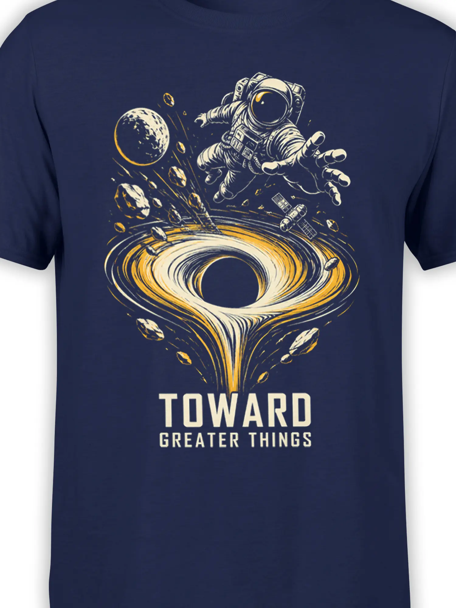 Close-up of navy space graphic showing astronaut, black hole, planet, satellite, asteroids, and bold lettering