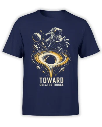Front view of navy astronaut space T-shirt with black hole, planet, satellite, and “Toward Greater Things” graphic