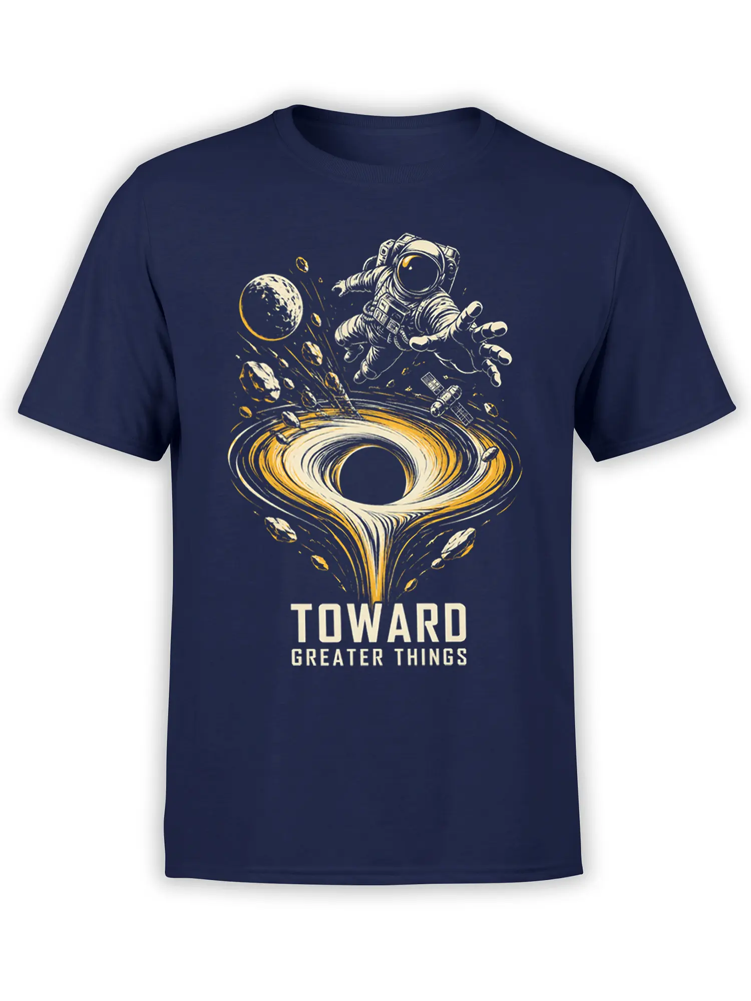 Front view of navy astronaut space T-shirt with black hole, planet, satellite, and “Toward Greater Things” graphic
