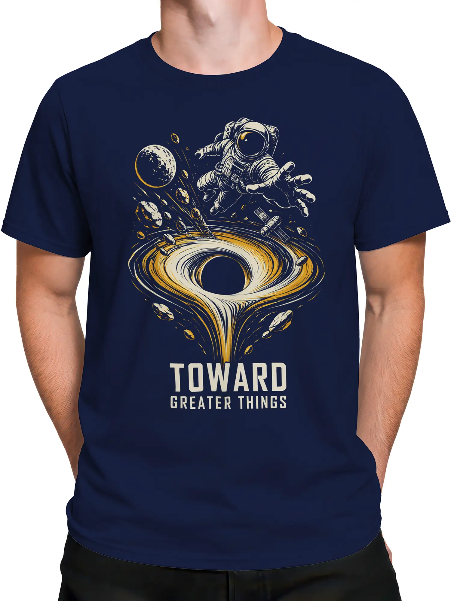 Male torso wearing navy space T-shirt with astronaut, black hole, planet, and “Toward Greater Things” graphic