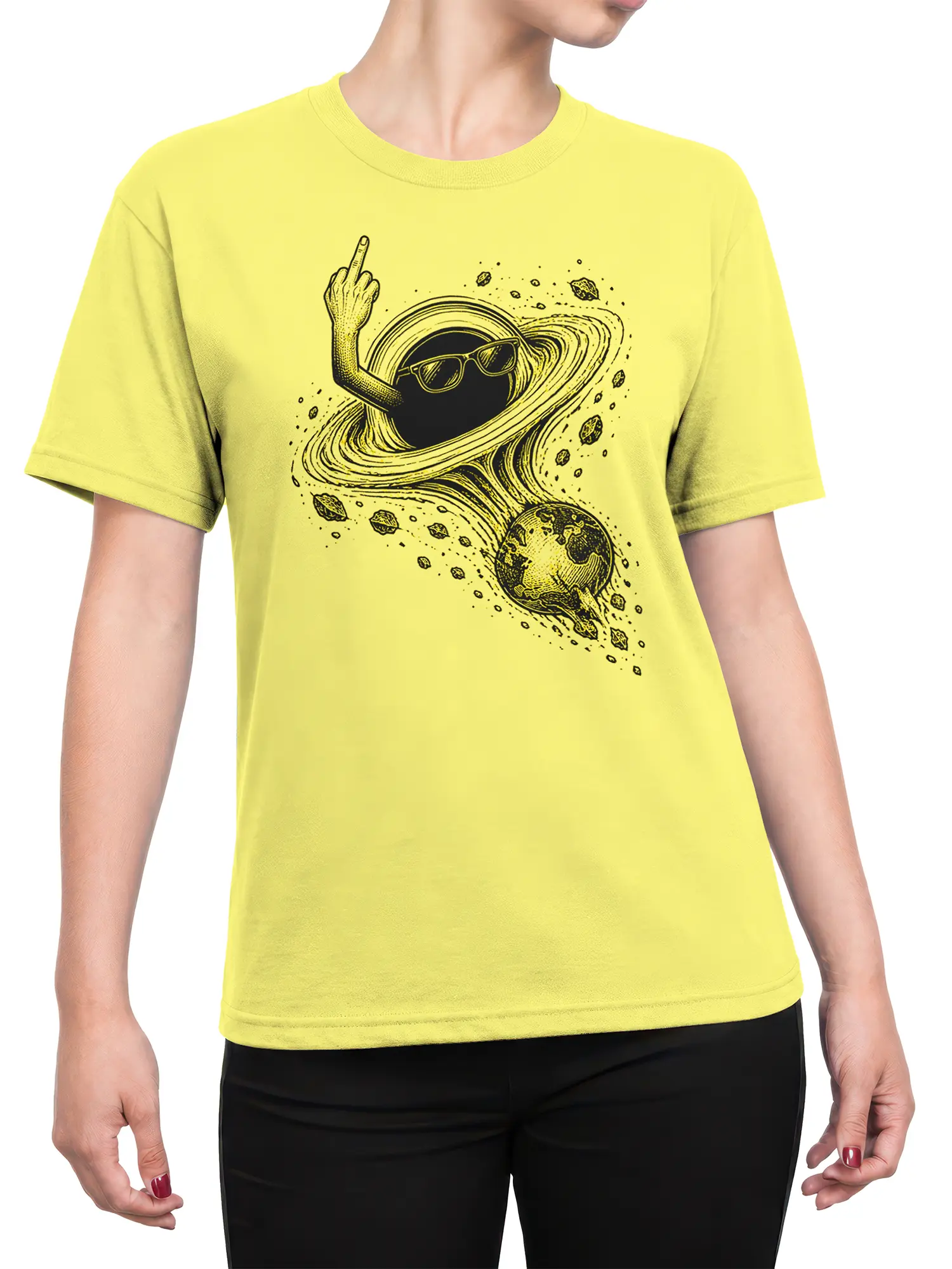 Female torso wearing a yellow T-shirt with a vintage ringed planet and cosmic orbit design