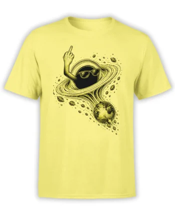 Yellow space T-shirt with a sunglass-wearing ringed planet, orbital lines, rocks, and an Earth-like globe