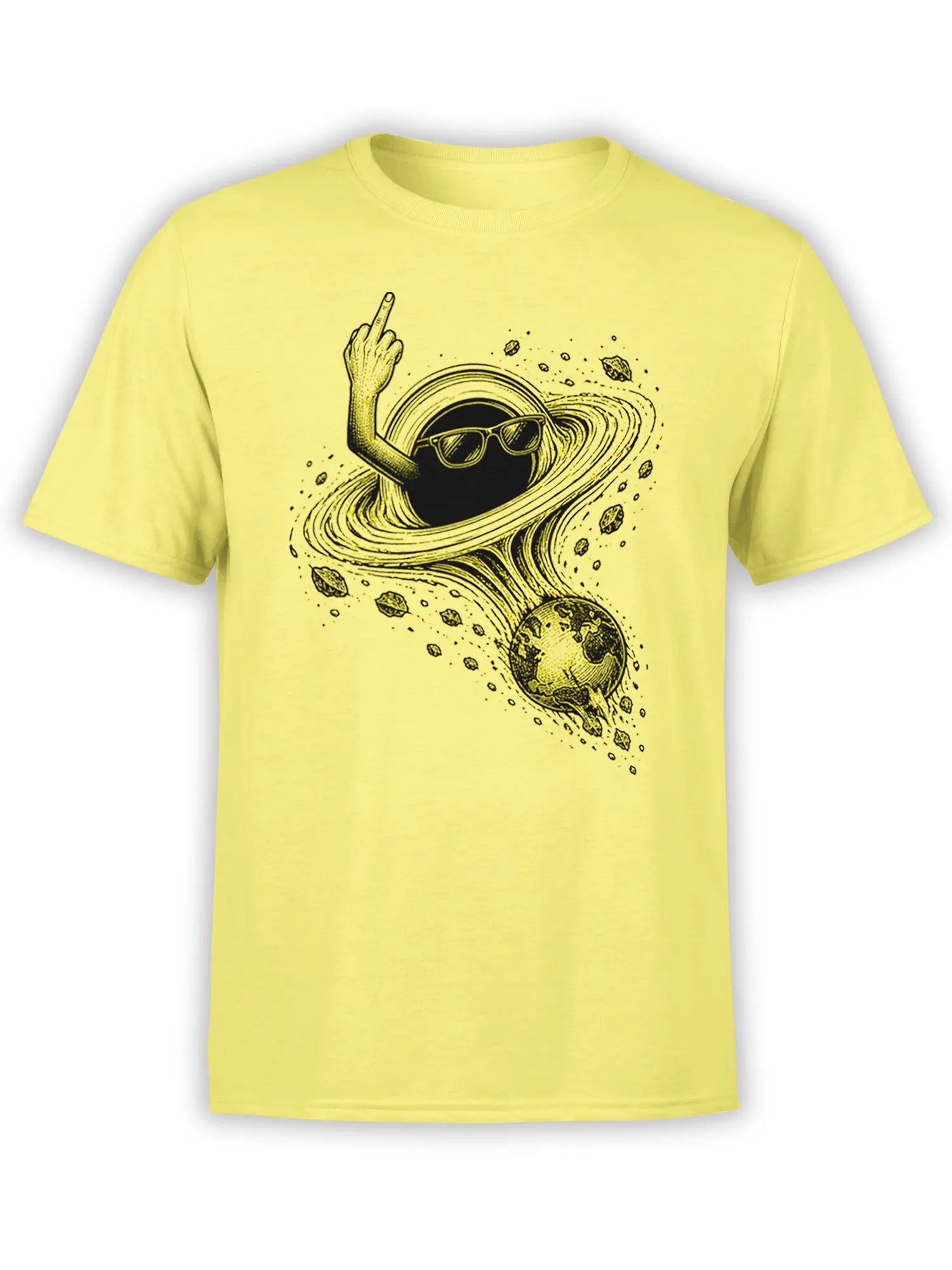 Yellow space T-shirt with a sunglass-wearing ringed planet, orbital lines, rocks, and an Earth-like globe
