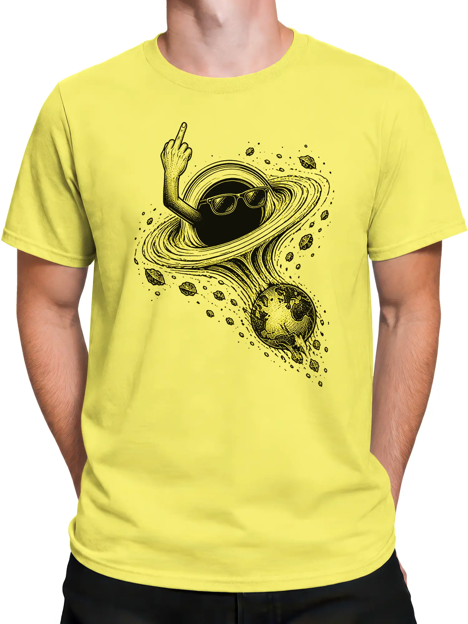 Male torso wearing a yellow space T-shirt with a rebellious ringed planet graphic