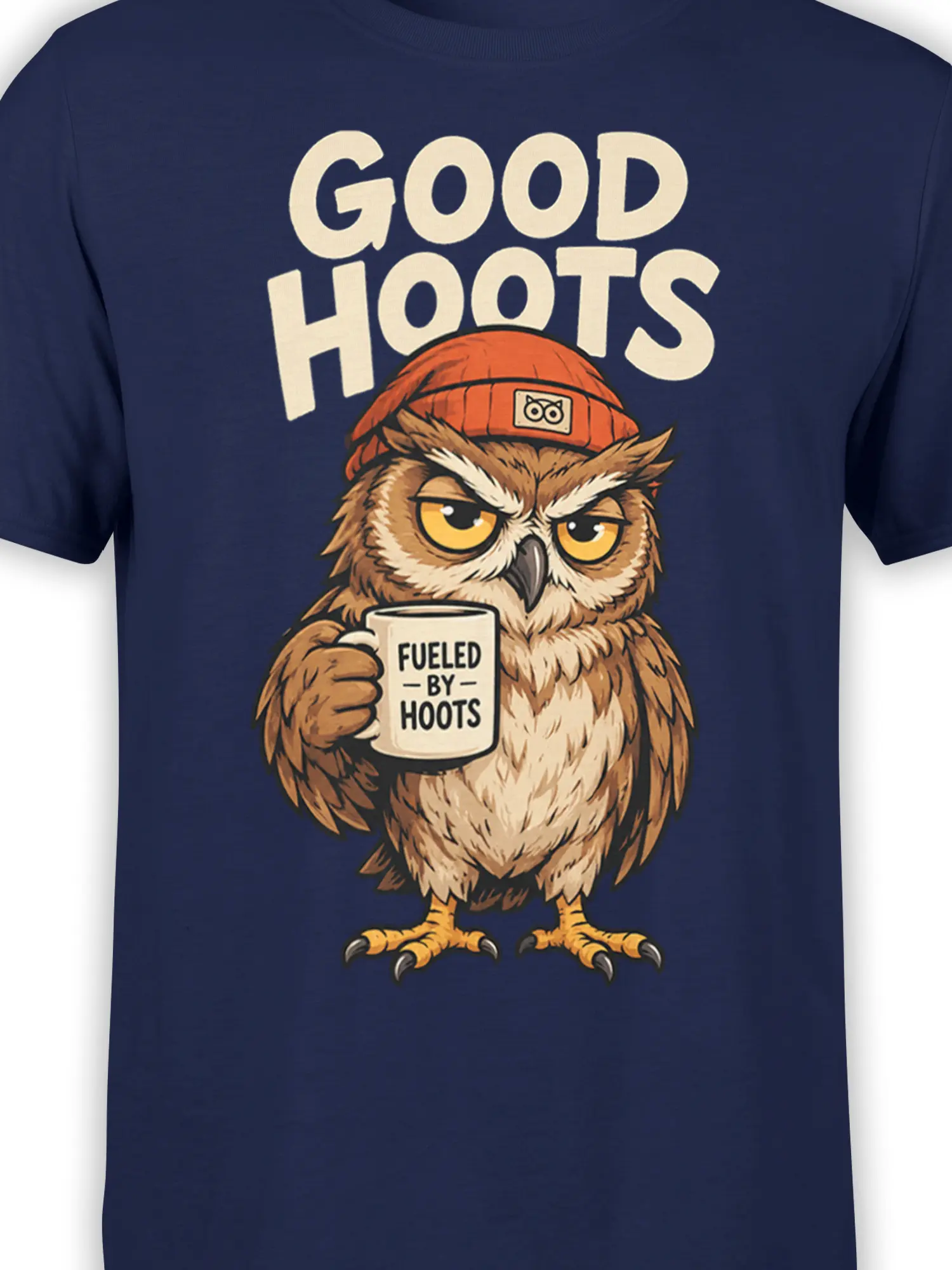 Close-up of the beanie-wearing owl and mug artwork on the navy Good Hoots graphic T-shirt