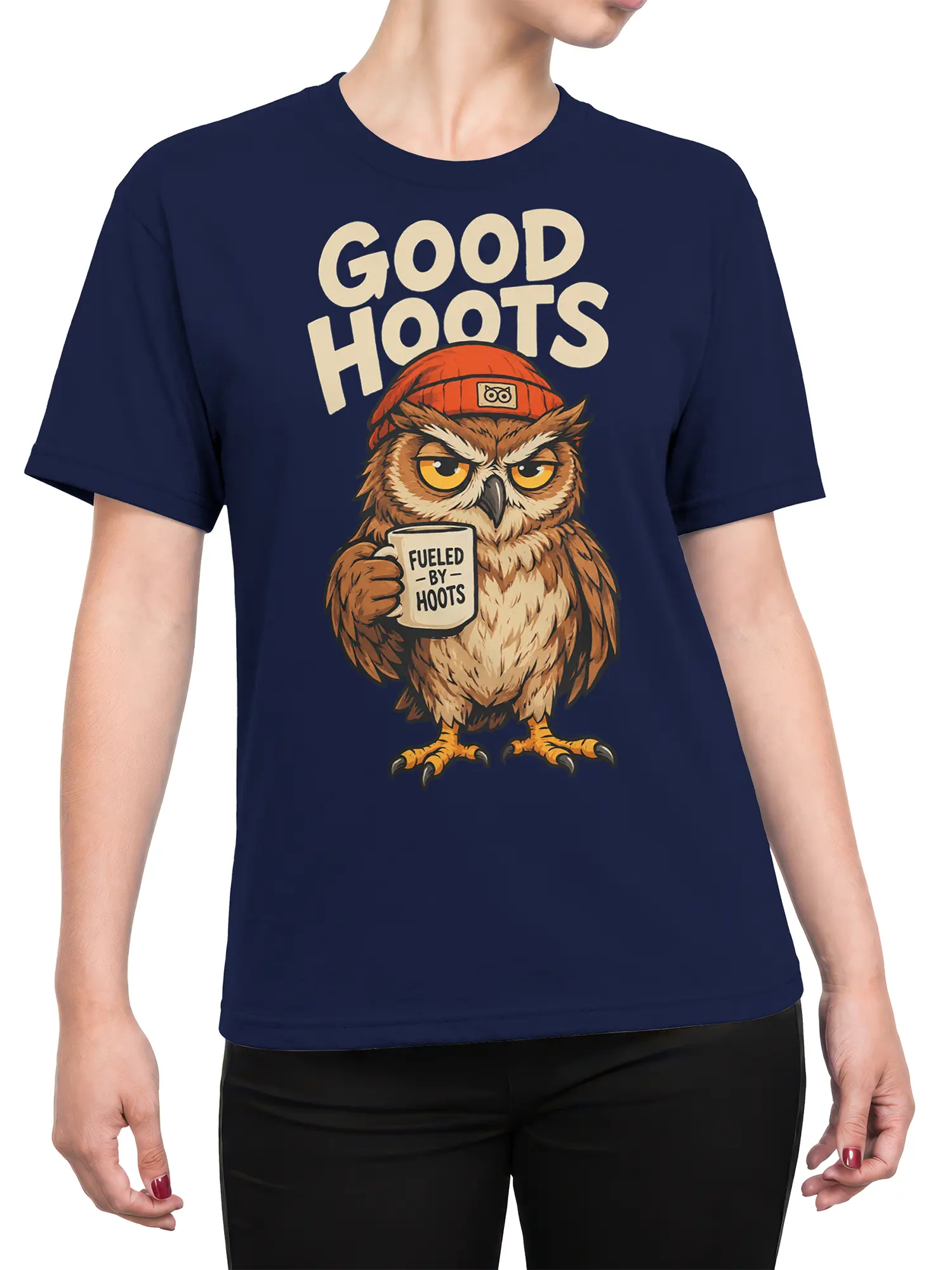 Female torso wearing the navy owl T-shirt with Good Hoots lettering and a detailed mug-holding owl graphic