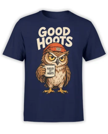 Owl holding a mug on a navy T-shirt with Good Hoots lettering and a warm vintage illustration style