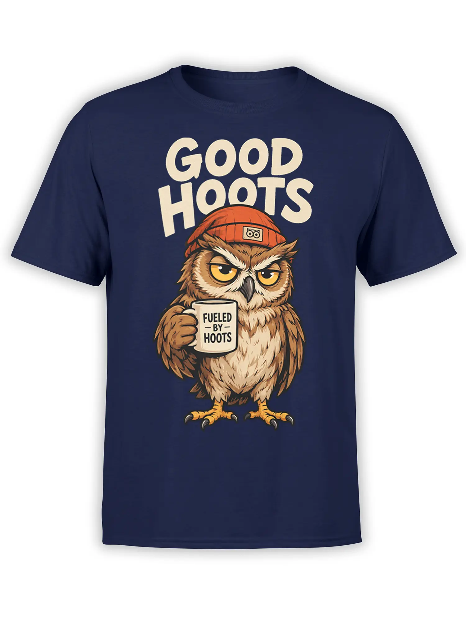 Owl holding a mug on a navy T-shirt with Good Hoots lettering and a warm vintage illustration style